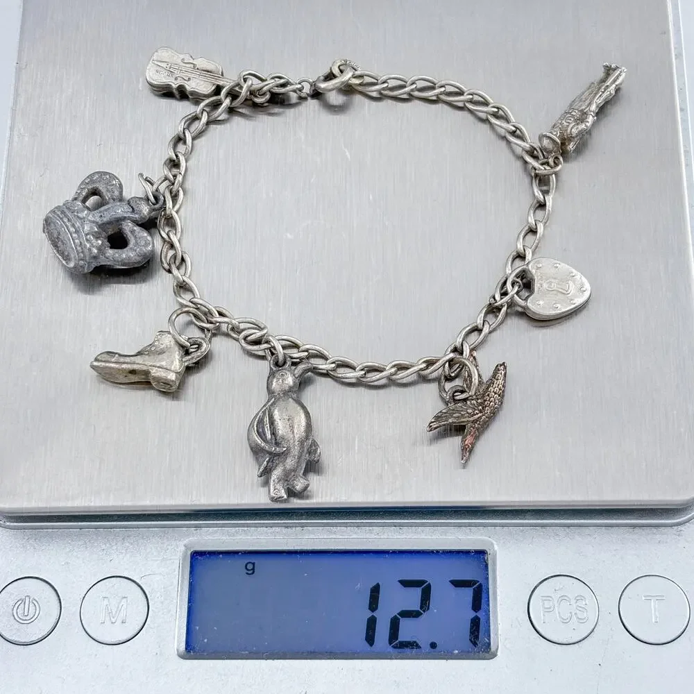 Vintage Sterling Silver 925 Mixed Metal Charm Bracelet 7